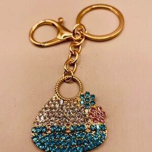 Purse turquoise and multi rhinestone key chain. Key ring. Purse, backpack charm